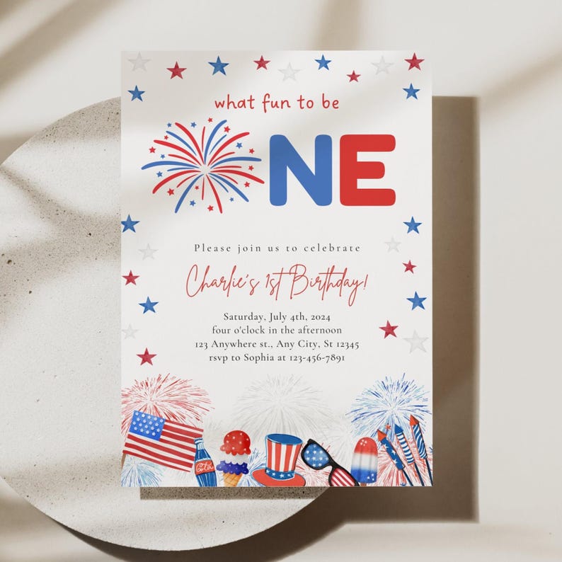 Red White and Blue Invitation, 4th of July Invite, First birthday invitation, Independence Day Party, 1st Birthday Ideas, what fun to be one image 1