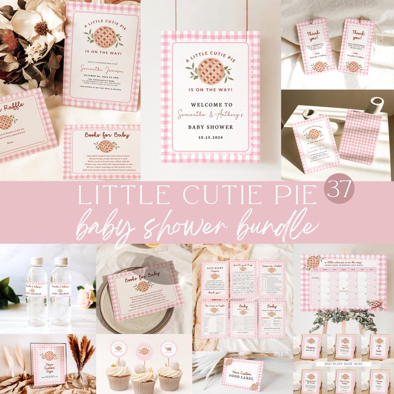 Puede incluir: Un conjunto de art&iacute;culos de papeler&iacute;a para baby shower con un patr&oacute;n de cuadros rosa y un gr&aacute;fico de tarta. Incluye invitaciones, etiquetas de agradecimiento, etiquetas de comida y un calendario. El texto dice "Little Cutie Pie" y "Baby Shower Bundle".