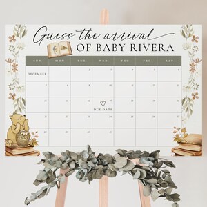 May include: A printable baby shower game with a Winnie the Pooh theme. The game is a calendar with the month of December and the text "Guess the arrival of Baby Rivera".