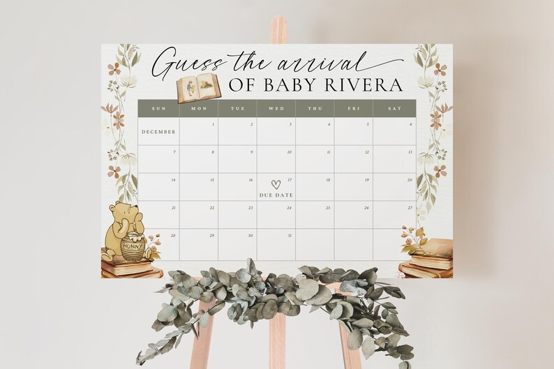May include: A printable baby shower game with a Winnie the Pooh theme. The game is a calendar with the month of December and the text "Guess the arrival of Baby Rivera".