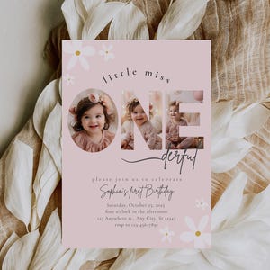 Convite editável para o primeiro aniversário, 1º aniversário da Daisy para meninas, convite para o primeiro aniversário da pequena Miss Onederful com foto, Boho, bonito