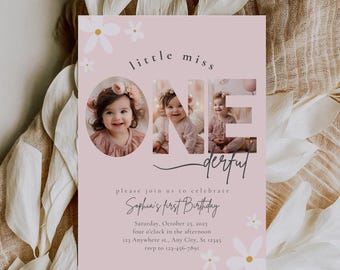 Editable First Birthday Invitation, 1st Daisy Birthday for Girls, Little miss Onederful 1st Birthday Invitation with Picture, Boho, Pretty