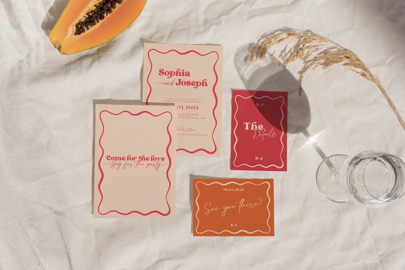 Retro Wedding Invitation Suite, Modern Wedding Set, Colorful Wedding Invitation, VIbrant Wedding Invitation, Pink, Red, Orange Digital image 2