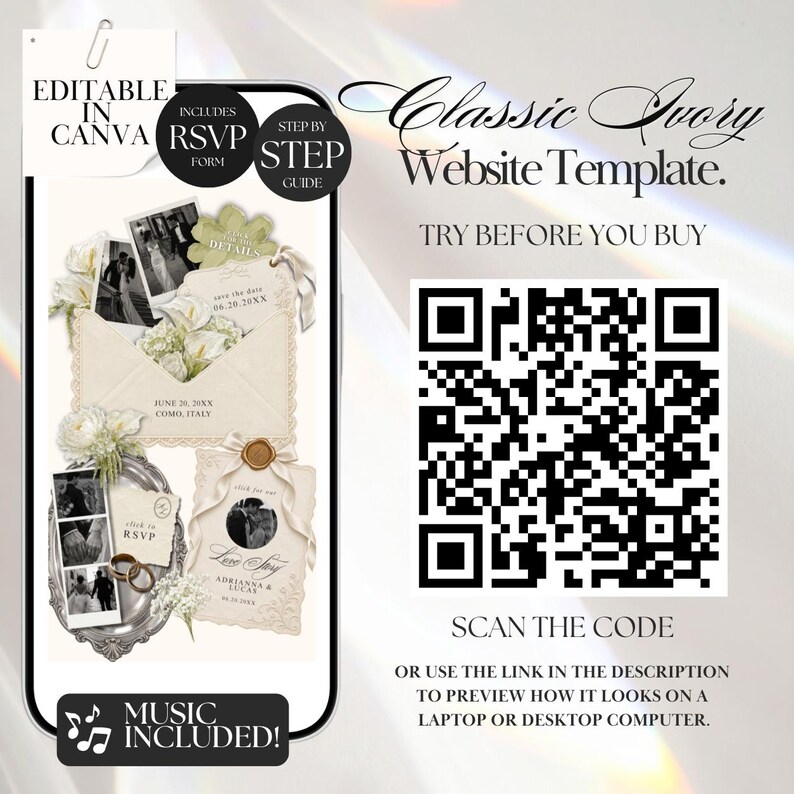Puede incluir: Una plantilla digital de sitio web de bodas con una pantalla de tel&eacute;fono inteligente, papeler&iacute;a de color marfil, detalles florales y marcos de fotos. La imagen incluye un c&oacute;digo QR, el texto Classic Ivory Website Template e instrucciones.