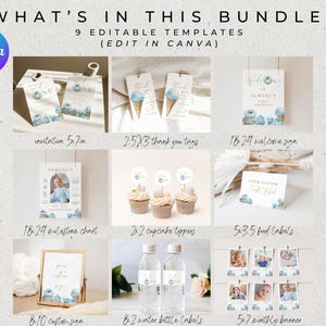 May include: A set of 9 printable party templates for a first birthday party with a blue and gold colour scheme. The templates include an invitation, thank you tags, a welcome sign, a milestone chart, cupcake toppers, food labels, a custom sign, water bottle labels, and a monthly banner. The templates feature a watercolour design with blue and white flowers, a donut, and an ice cream cone.