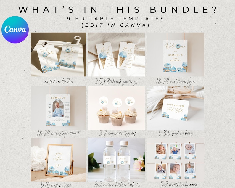 May include: A set of 9 printable party templates for a first birthday party with a blue and gold colour scheme. The templates include an invitation, thank you tags, a welcome sign, a milestone chart, cupcake toppers, food labels, a custom sign, water bottle labels, and a monthly banner. The templates feature a watercolour design with blue and white flowers, a donut, and an ice cream cone.
