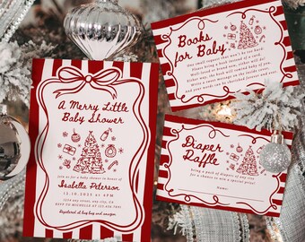 Puede incluir: Invitaciones de baby shower rojas y blancas con temática navideña. Las invitaciones incluyen texto como "A Merry Little Baby Shower", "Books for Baby" y "Diaper Raffle". Decoradas con un árbol de Navidad y elementos festivos.