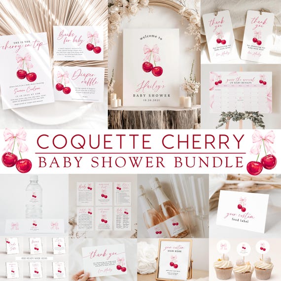 Coquette Cherry Baby Shower Bundle, Cherry on top Bundle, Pink Bow Baby Shower Invitation Set, Coquette, Pink bow berries Minimal Soft Girl