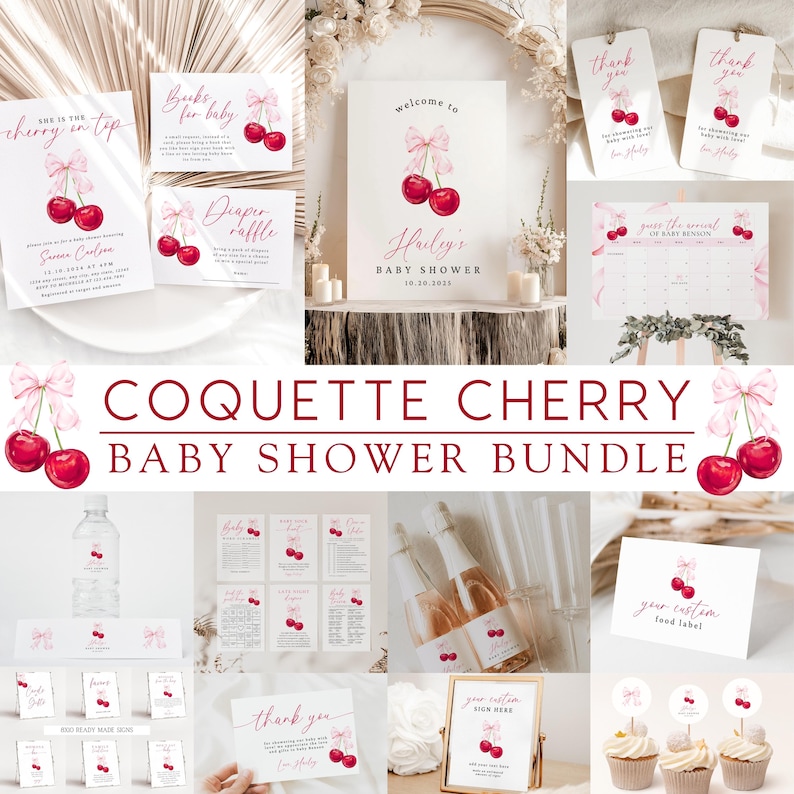 May include: A baby shower party printable bundle with a cherry and bow theme. The bundle includes invitations, thank you cards, food labels, a welcome sign, and other decorations. The text on the welcome sign reads "Welcome to Hailey's Baby Shower 10.10.2018".
