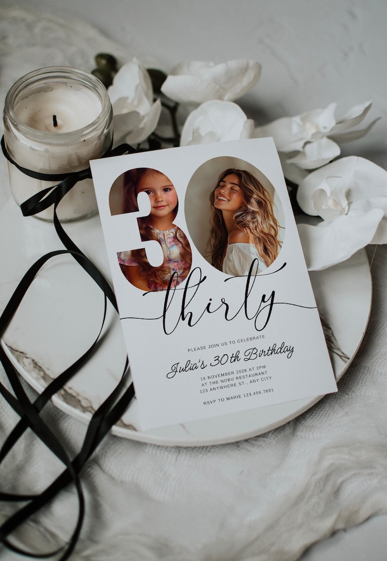 May include: A white invitation card with black text announcing a 30th birthday party for Julia. The card features a photo of a young girl and a woman, both looking at the camera, with the number 30 cut out of the photo and the word "thirty" written in cursive.