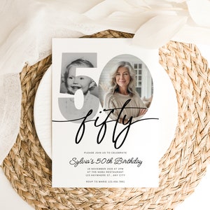 May include: A white invitation card with black text and a photo of a woman and a child. The text reads "Please join us to celebrate Sylvia's 50th Birthday" and includes the date, time, location, and RSVP information.
