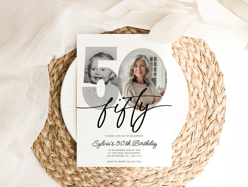 May include: A white invitation card with black text and a photo of a woman and a child. The text reads "Please join us to celebrate Sylvia's 50th Birthday" and includes the date, time, location, and RSVP information.