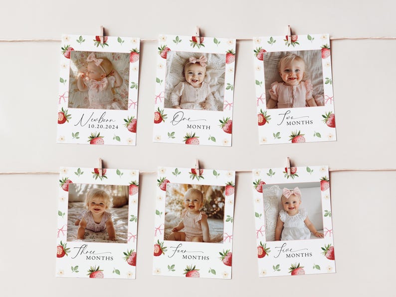 May include: A set of six photo cards with a strawberry and floral design. Each card features a baby's photo and the age in months. The cards are labeled "Newborn", "One Month", "Two Months", "Three Months", "Four Months", and "Five Months".