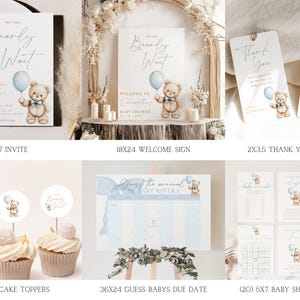 May include: A set of baby shower party decorations featuring a teddy bear holding a blue balloon. The set includes an invitation, welcome sign, thank you tags, cupcake toppers, a game to guess the baby's due date, and several baby shower games. The theme is "Bearly Wait".