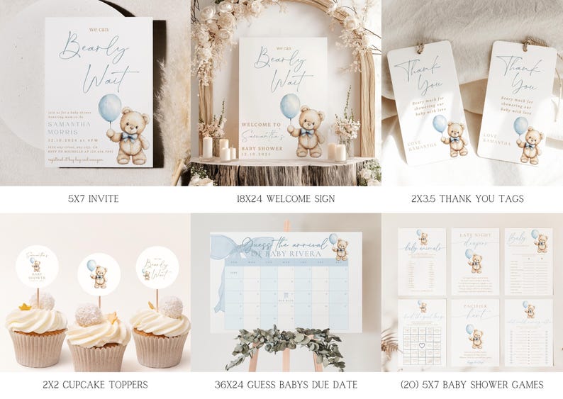 May include: A set of baby shower party decorations featuring a teddy bear holding a blue balloon. The set includes an invitation, welcome sign, thank you tags, cupcake toppers, a game to guess the baby's due date, and several baby shower games. The theme is "Bearly Wait".