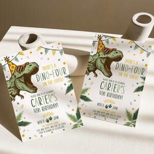 May include: Two birthday invitations with a dinosaur theme. Each invitation features a green dinosaur wearing sunglasses and a party hat. The text reads "There's a Dino-Four on the Loose!" and "Carter's 4th Birthday!"