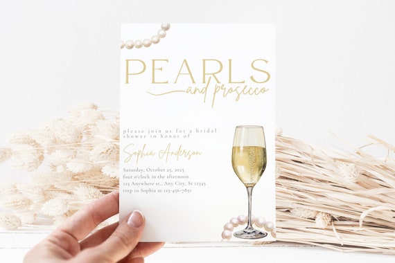 Pearls and Prosecco Bridal Shower Invite, Bridal Invite, Bridal Shower Invitation, Boho, Pretty, Minimalist Bridal Invitation, Digital