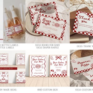 K&ouml;nnte beinhalten: Eine Sammlung von Babyparty-Papeterie mit einem rot-wei&szlig; karierten Design. Enth&auml;lt Wasserflaschenetiketten, Dankeskarten, Windel-Raffle-Karten, vorgefertigte Schilder, individuelle Schilder und Essensetiketten.