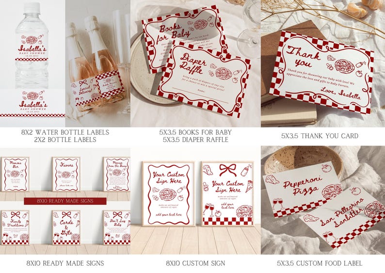 K&ouml;nnte beinhalten: Eine Sammlung von Babyparty-Papeterie mit einem rot-wei&szlig; karierten Design. Enth&auml;lt Wasserflaschenetiketten, Dankeskarten, Windel-Raffle-Karten, vorgefertigte Schilder, individuelle Schilder und Essensetiketten.