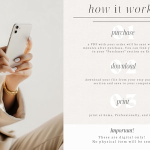 K&ouml;nnte beinhalten: Eine Person, die ein wei&szlig;es Smartphone h&auml;lt, mit Goldschmuck an Handgelenk und Fingern. Das Bild enth&auml;lt Text mit der Aufschrift "how it works" und Anweisungen zum Kauf, Download und Drucken einer PDF-Datei.