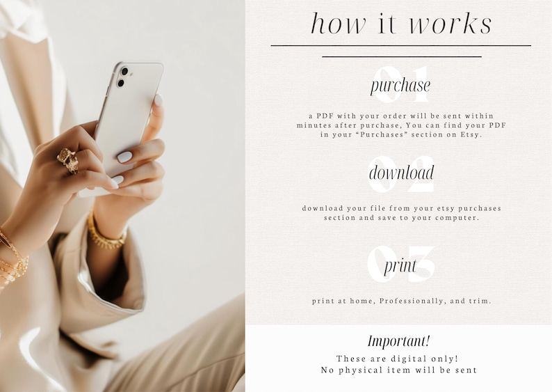 K&ouml;nnte beinhalten: Eine Person, die ein wei&szlig;es Smartphone h&auml;lt, mit Goldschmuck an Handgelenk und Fingern. Das Bild enth&auml;lt Text mit der Aufschrift "how it works" und Anweisungen zum Kauf, Download und Drucken einer PDF-Datei.
