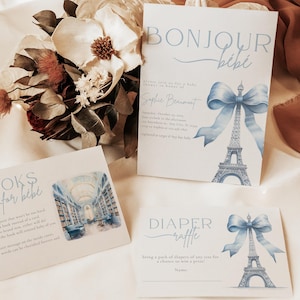 EDITIERBARE Bonjour bebe Dusche Einladung Set, Bonjour Bébé Boy Babyparty Einladung, Eiffelturm, Pariser Café, Paris Baby Shower Set