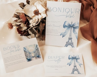 EDITABLE Bonjour bebe Shower Invitation Suite, Bonjour Bébé Boy Baby Shower Invitation, Torre Eiffel, Café Parisino, Paris Baby Shower Set