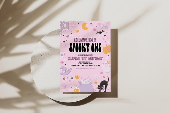 Halloween 1st Birthday Invitation, Spooky One Invite, Girls 1st Birthday , Ghost Spooktacular Digital Self Editable, Halloween, Groovy, Pink