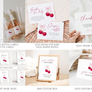 May include: Printable baby shower party decorations with a cherry theme. Includes water bottle labels, ready-made signs, a custom sign, a thank you card, and a food label. All items feature a watercolor illustration of red cherries with pink bows.