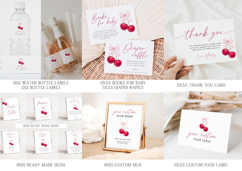 May include: Printable baby shower party decorations with a cherry theme. Includes water bottle labels, ready-made signs, a custom sign, a thank you card, and a food label. All items feature a watercolor illustration of red cherries with pink bows.