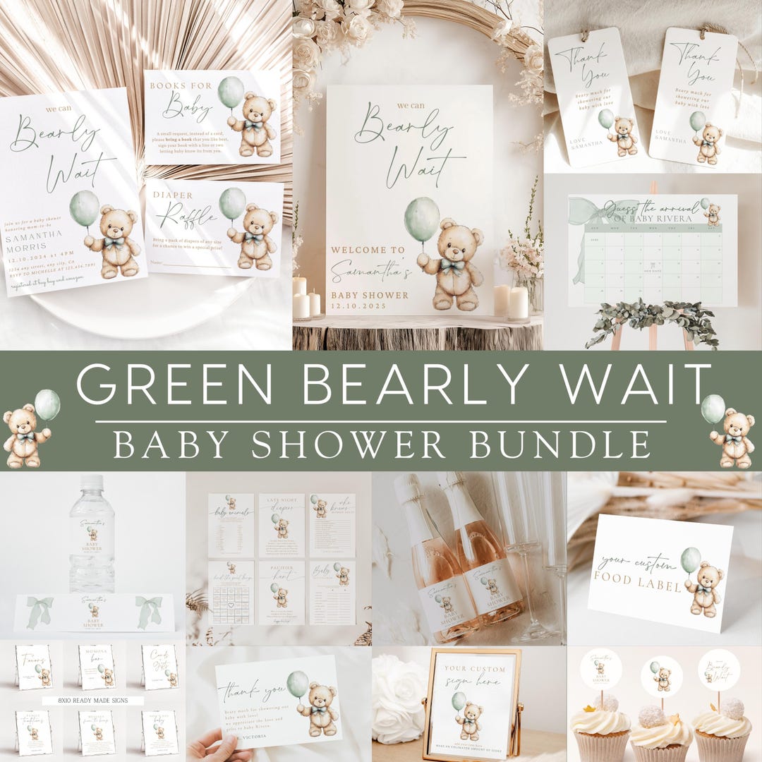 We Can Bearly Wait Baby Shower Bundle, Green Gender Neutral Teddy Bear ...