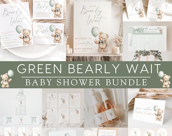 Paquete para baby shower de We Can Bearly Wait, paquete para baby shower de osito de peluche verde de género neutro, paquete de invitación para bebé con osito de peluche bohemio minimalista