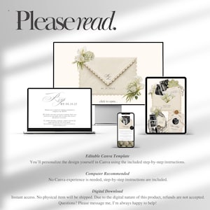 Puede incluir: Una plantilla digital de invitaci&oacute;n de boda mostrada en un monitor de escritorio, port&aacute;til, tableta y tel&eacute;fono inteligente. El dise&ntilde;o presenta sobres de color crema con bordes festoneados, detalles florales y texto RSVP. Incluye instrucciones para Canva.