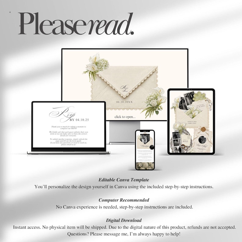 Puede incluir: Una plantilla digital de invitaci&oacute;n de boda mostrada en un monitor de escritorio, port&aacute;til, tableta y tel&eacute;fono inteligente. El dise&ntilde;o presenta sobres de color crema con bordes festoneados, detalles florales y texto RSVP. Incluye instrucciones para Canva.