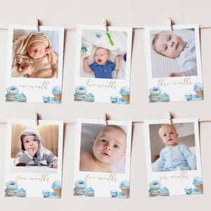 May include: A set of six blue and white photo cards with a baby boy in each photo. The cards are decorated with blue and white doughnuts and cupcakes. The text on the cards reads "one month", "two months", "three months", "four months", "five months", and "six months".