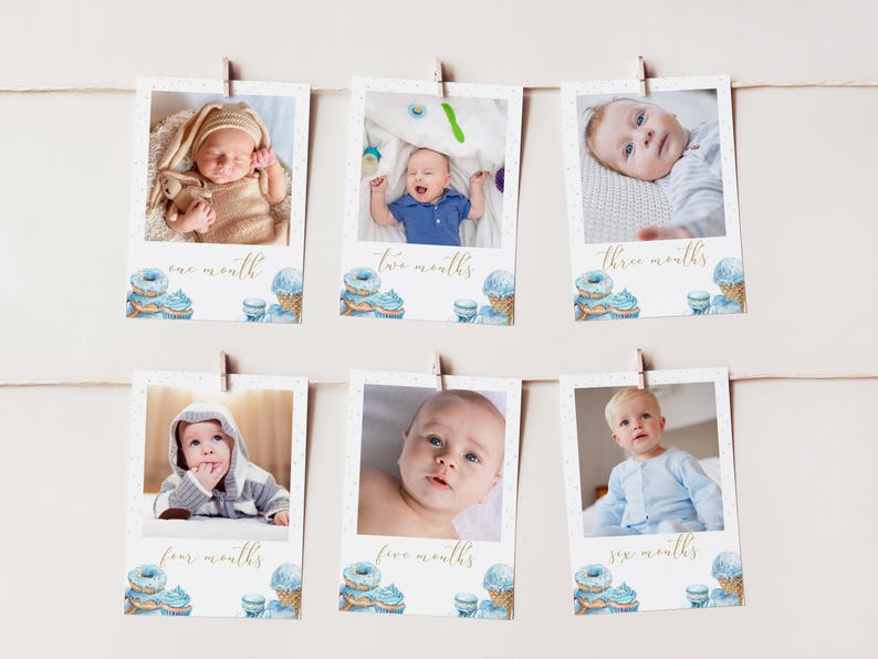 May include: A set of six blue and white photo cards with a baby boy in each photo. The cards are decorated with blue and white doughnuts and cupcakes. The text on the cards reads "one month", "two months", "three months", "four months", "five months", and "six months".