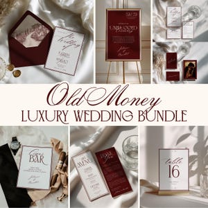 Può includere: Un set di cancelleria per matrimoni con cartoncini color bordeaux scuro e bianco, che include un cartello per la cerimonia, un menu, un numero di tavolo 16 e un cartello per il bar dei sigari, con eleganti caratteri serif e corsivi.
