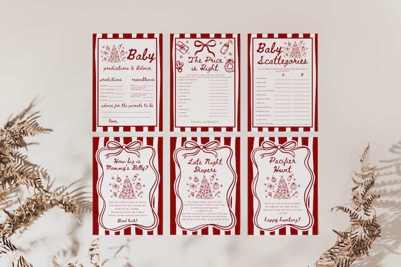 May include: Six baby shower game cards with red and white striped borders. Each card features a different game, including "Baby Predictions & Advice" and "Pacifier Hunt." The cards have festive illustrations and text.