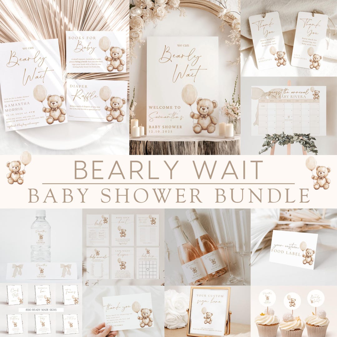We Can Bearly Wait Baby Shower Bundle, Gender Neutral Teddy Bear Baby ...