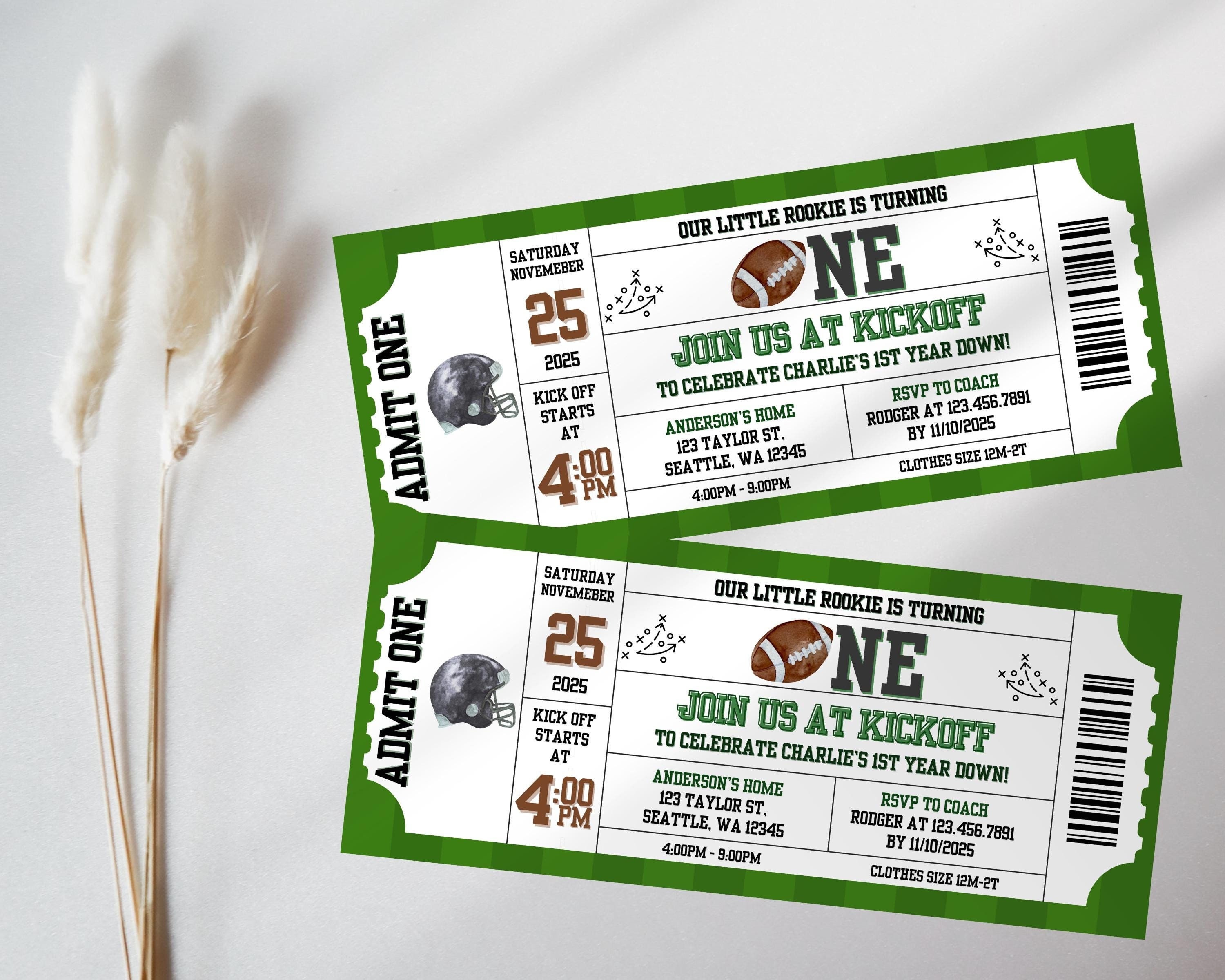 Football 1st Birthday Invitation Ticket Stub, First Year Down, Game On Football Invite, Boys birthday Invite Template Sports Birthday Rookie