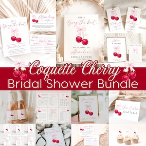 May include: A bridal shower printable bundle with a cherry theme. The bundle includes a welcome sign, food labels, a recipe card, a game, and a thank you tag. The design features pink and red cherries with pink ribbons.