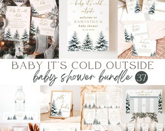 Peut inclure: Ensemble de décorations de baby shower sur le thème de l'hiver. Les articles comprennent des panneaux, des cartes et des décorations de cupcakes, tous avec des pins peints à l'aquarelle et la phrase "Baby It's Cold Outside". La palette de couleurs est principalement blanche, verte et dorée.