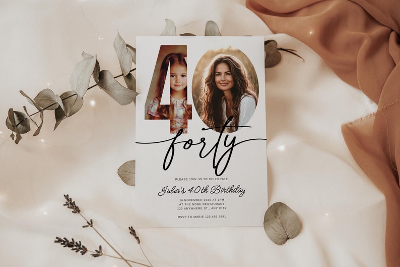 May include: A white invitation card with a photo of two women in the number "40" with the text "forty" in black cursive script. The text "Please join us to celebrate Julia's 40th Birthday" is printed below the number. The invitation includes the date, time, location, and RSVP information.