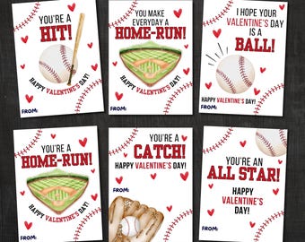 May include: Six printable Valentine's Day cards featuring baseball-themed illustrations and puns. The cards are white with red stitching around the edges and red hearts scattered throughout. The text on the cards reads: "You're a Hit!", "You Make Everyday a Home-Run!", "I Hope Your Valentine's Day is a Ball!", "You're a Home-Run!", "You're a Catch!", and "You're an All Star!" Each card also includes the phrase "Happy Valentine's Day!" and a space for the sender's name.