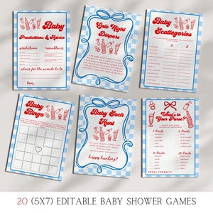 Może przedstawiać: Zestaw sześciu kart do gier na baby shower w stylu retro. Każda karta ma niebiesko-białą kratkę i czerwony tekst. Gry obejmują "Przepowiednie i porady", "Nocne pieluchy" i "Baby Bingo".