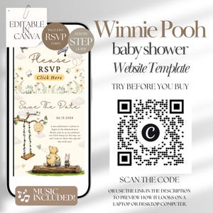 May include: A digital Winnie Pooh baby shower website template displayed on a smartphone screen, featuring illustrations of Pooh and Piglet, a swing, and a beehive. The design includes RSVP and Save the Date sections, a QR code, and text overlays.