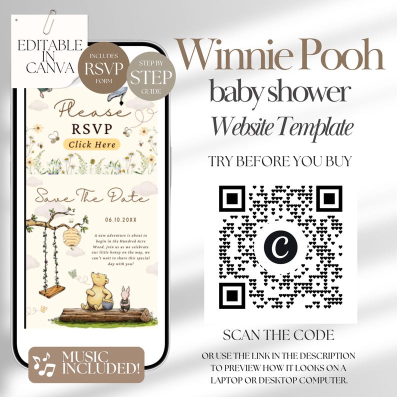 May include: A digital Winnie Pooh baby shower website template displayed on a smartphone screen, featuring illustrations of Pooh and Piglet, a swing, and a beehive. The design includes RSVP and Save the Date sections, a QR code, and text overlays.