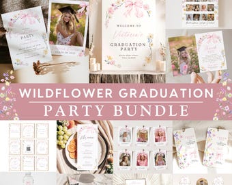Wildflower Graduation Party Announcement Bundle, Floral Pink Bow Girl Grad Photo Invite Modern Boho Flower Senior Graduate Decor Package Set