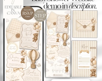 May include: A digital baby shower website template featuring a beige and cream color palette with teddy bear illustrations, hot air balloons, and balloons. The design includes editable sections for RSVP forms, registry links, and event details with text reading Baby Shower Website demo in description, Editable in Canva, Includes RSVP form, Step by step guide, and Music included.