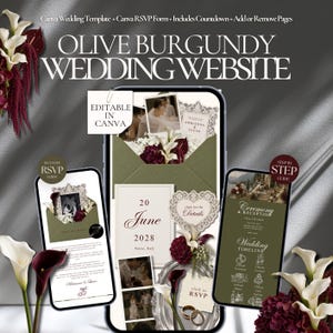 May include: A digital wedding website template in olive and burgundy featuring editable Canva layouts, RSVP forms, and countdowns. The design displays wedding invitation graphics, floral accents, and event timelines on three smartphone screens.